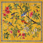 Vibrant yellow square area rug with a lush floral and bird design, perfect for adding a touch of nature to your living room. This wool rug features an intricate pattern of colorful birds and blooming flowers, making it an eye-catching floral rug choice for living room rugs 8x10 settings.