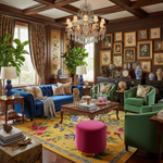 Luxurious living room with floral rug, colorful furniture, and decorative elements.