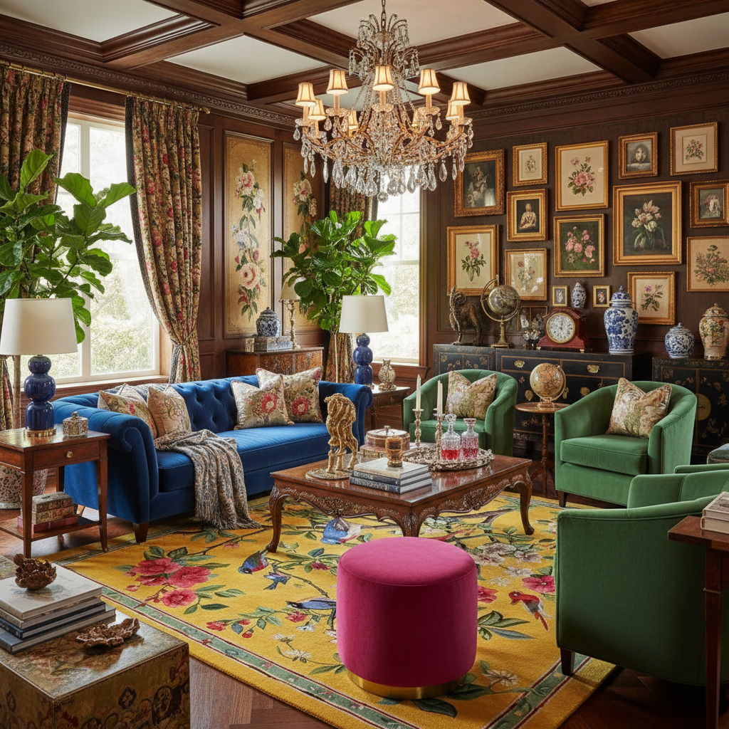 Luxurious living room with floral rug, colorful furniture, and decorative elements.