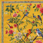 Vibrant area rug showcasing a detailed floral and bird design on a yellow background, perfect for living rooms. This beautiful square wool rug features colorful birds perched among blooming flowers, ideal for enhancing the decor of living room spaces with its 8x10 size.