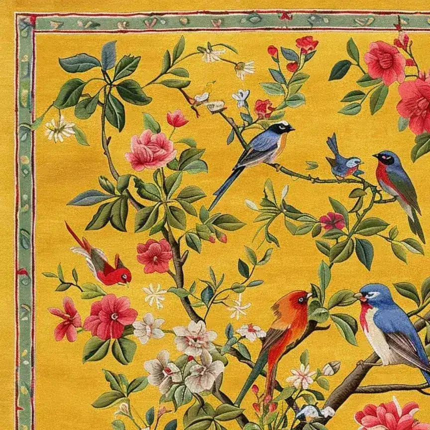 Vibrant area rug showcasing a detailed floral and bird design on a yellow background, perfect for living rooms. This beautiful square wool rug features colorful birds perched among blooming flowers, ideal for enhancing the decor of living room spaces with its 8x10 size.