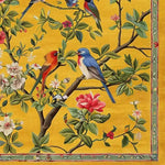 Vibrant area rug with a stunning floral design featuring birds perched on branches against a rich yellow background. This square wool rug is perfect for adding a touch of nature to your living room decor. Ideal for living room rugs 8x10, this square area rug brings warmth and elegance to any space.