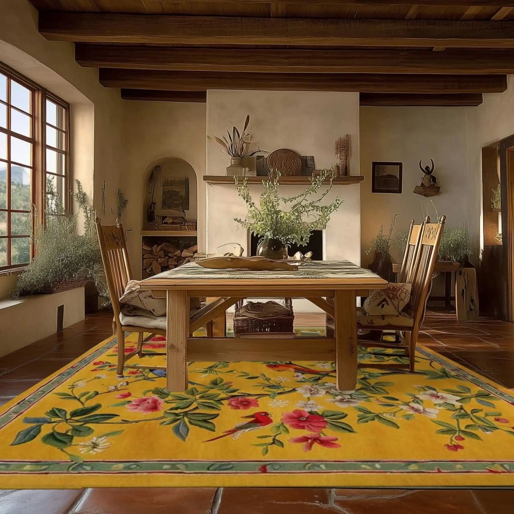 A warm and inviting living room featuring a vibrant Yellow Meadow Harmony Square Hard Viscose Tuft Rug. This eye-catching square area rug boasts a stunning floral design with vivid colors, perfectly complementing the wooden furniture and rustic decor. Ideal for adding a touch of elegance to any living room, this wool rug is a perfect choice for those seeking a floral rug for their space. The rug's 8x10 size fits beautifully in the room, enhancing the cozy atmosphere.