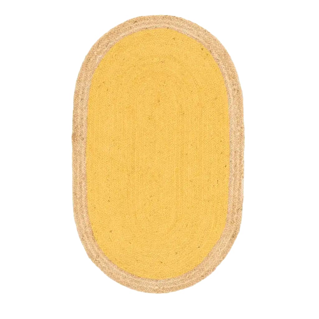 Top view of a yellow oval jute area rug, perfect for large living rooms. This boho rug features a natural woven texture, adding warmth and style to any living space.