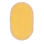 Top view of a yellow oval jute area rug, perfect for large living rooms. This boho rug features a natural woven texture, adding warmth and style to any living space.