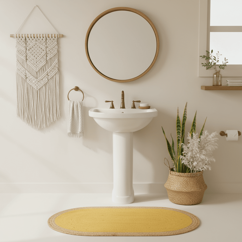 Bathroom interior with a sink, mirror, a yellow jute rug, and decorative elements.