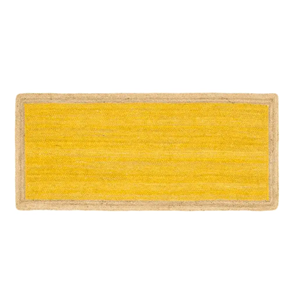 A vibrant yellow rectangular jute area rug, perfect for adding a boho touch to your bedroom. The natural jute border complements the bold yellow center, making it an ideal choice for those seeking stylish rugs for bedroom spaces.