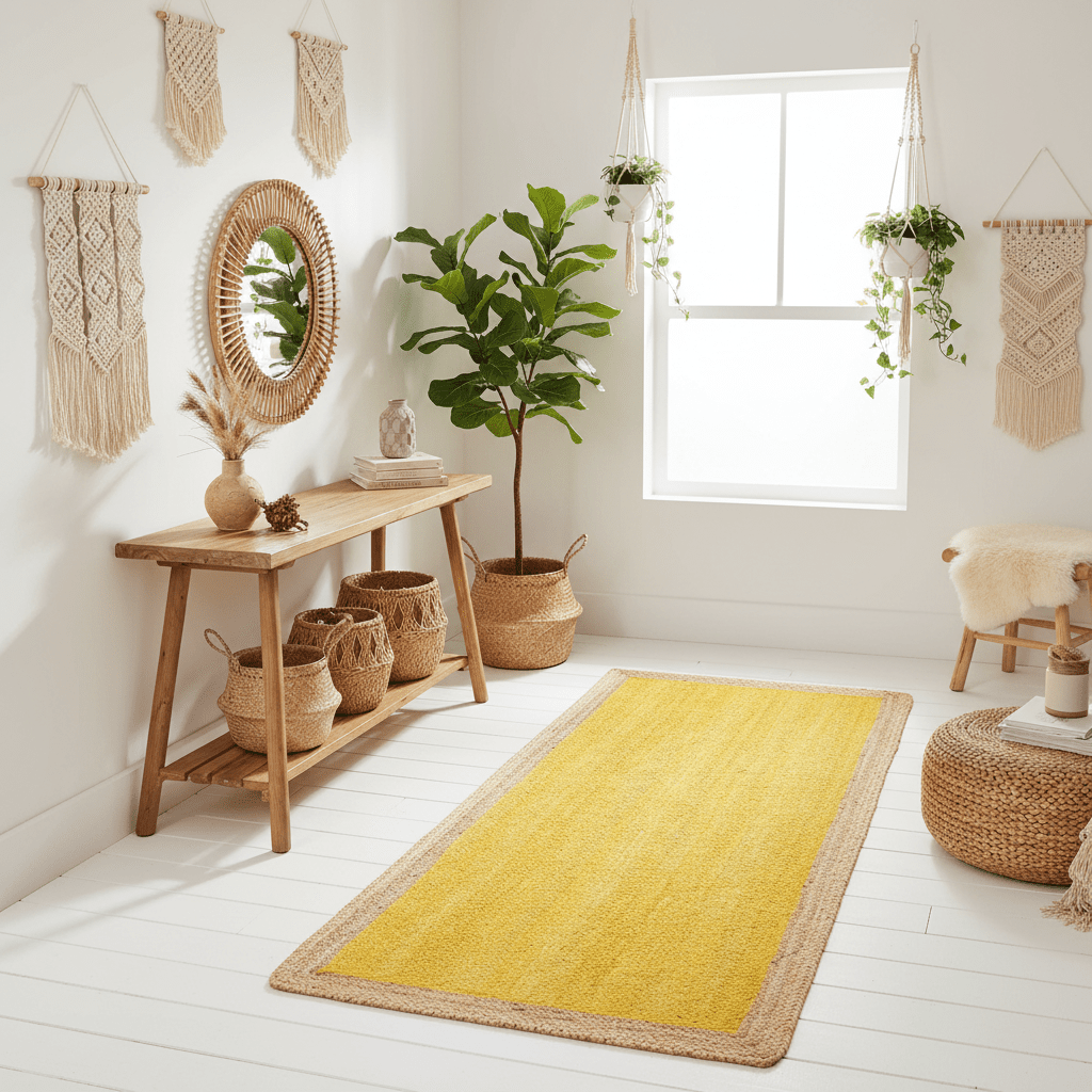Nest living room with wooden console table, yellow jute rug, and decorative plants.