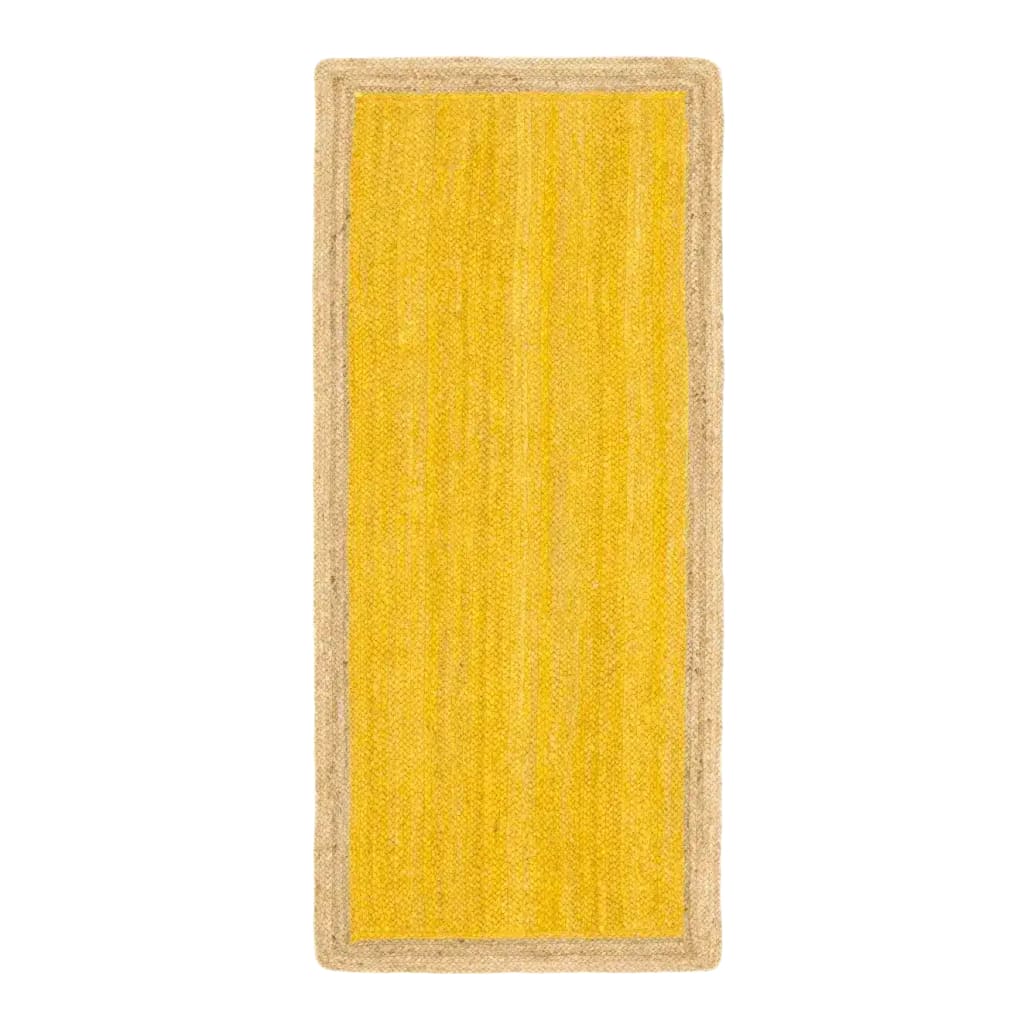 Vibrant Yellow Rectangular Jute Rug, perfect for adding a boho touch to your bedroom. This area rug features a natural jute border, making it an ideal choice for bedroom area rugs and enhancing cozy, earthy vibes.