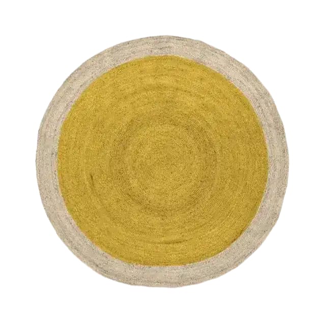 A vibrant yellow round jute rug with a natural border, perfect for enhancing large living rooms and dining spaces. This stylish area rug combines eco-friendly materials with a modern design, ideal for adding warmth and texture to any living room setting.