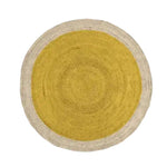 A vibrant yellow round jute rug, perfect for adding a splash of color to your living room or dining room. This large area rug features a natural jute border, ideal for those seeking stylish and eco-friendly area rugs for living room spaces.