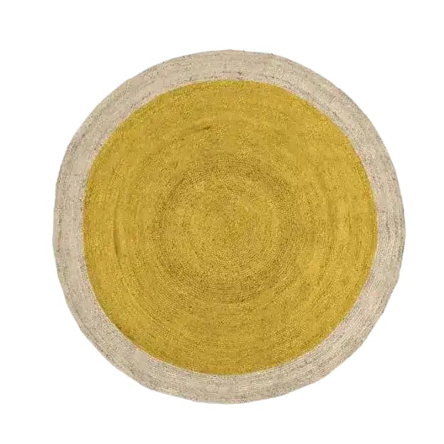 A vibrant yellow round jute rug, perfect for adding a splash of color to your living room or dining room. This large area rug features a natural jute border, ideal for those seeking stylish and eco-friendly area rugs for living room spaces.