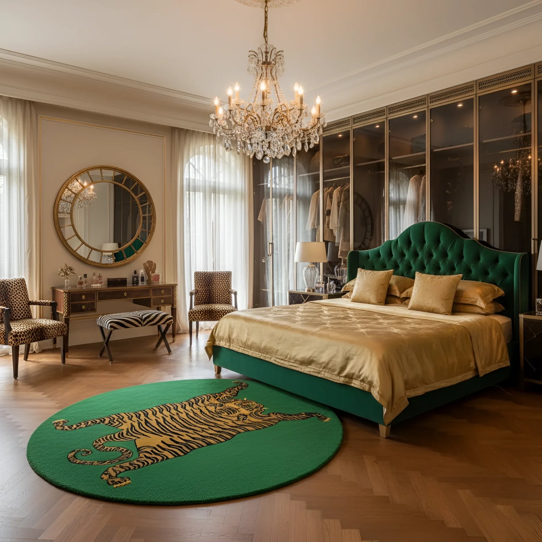 Luxurious bedroom with green bed, gold bedding, and a chandelier.