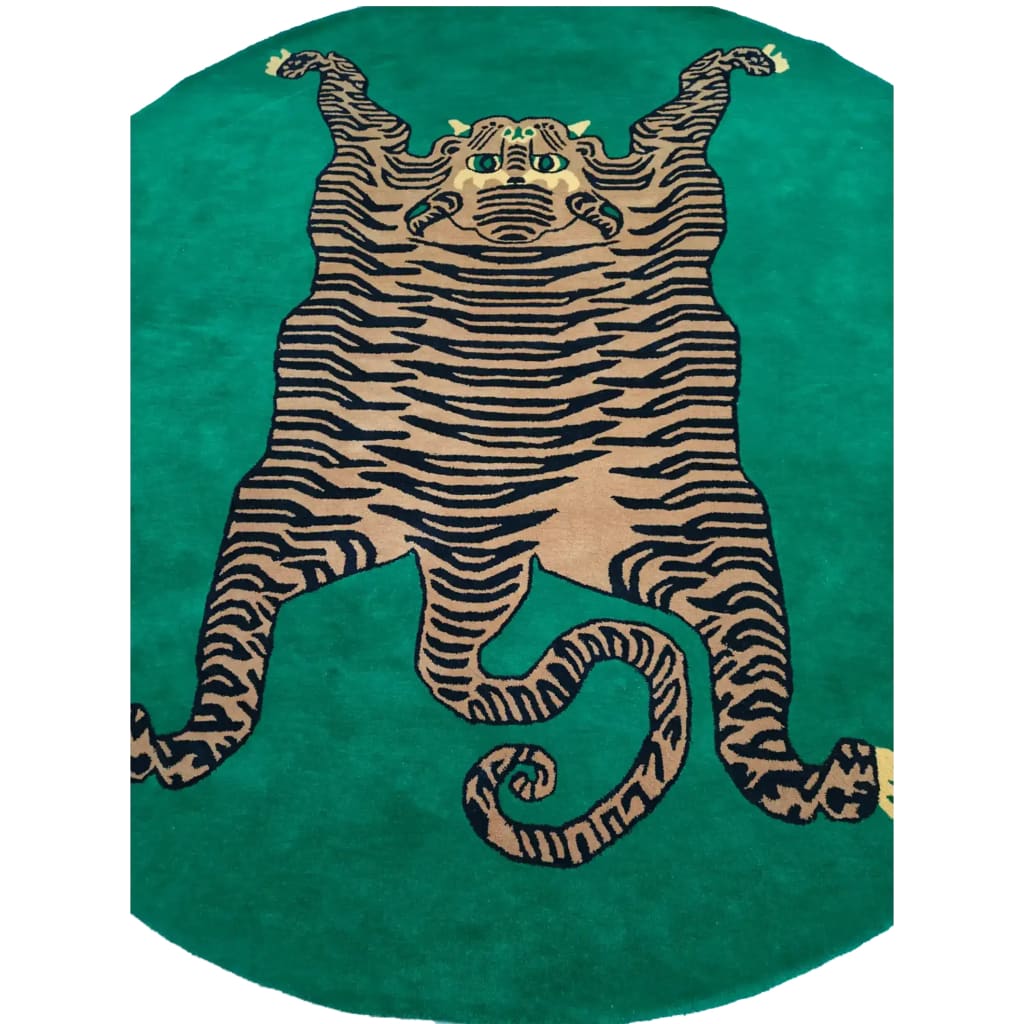 Yellow Tibetan Tiger Green Hand Tufted Round Rug - Green - MAIA HOMES