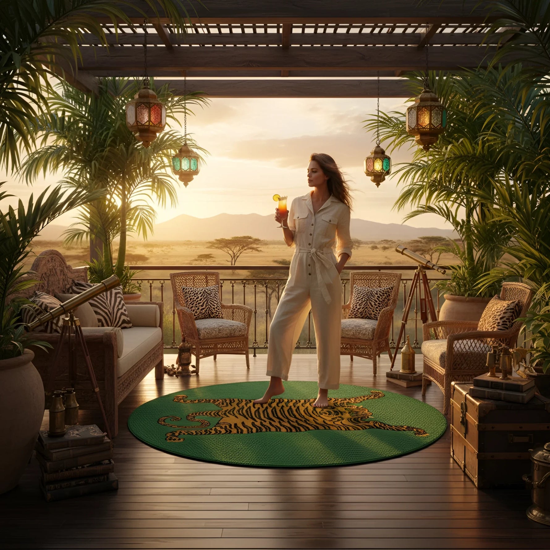 Woman standing on a balcony with a scenic view, holding a drink, surrounded by plants and furniture.