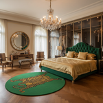 Luxurious bedroom with green bed, gold bedding, and a chandelier.