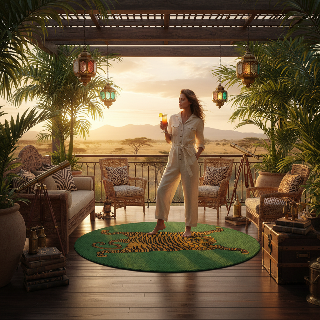 Woman standing on a balcony with a scenic view, holding a drink, surrounded by plants and furniture.
