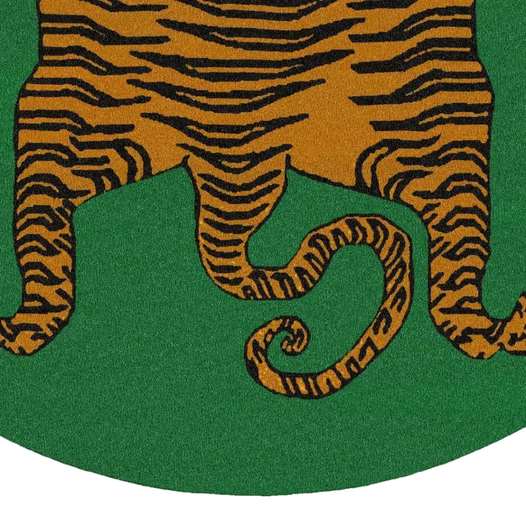 Close-up of a Yellow Tibetan Tiger design on a Green Hand Tufted Round Area Rug, showcasing intricate wool patterns perfect for a living room or dining room setting.