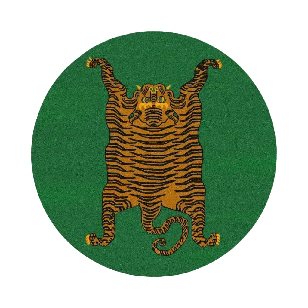 A vibrant green round area rug featuring a striking yellow Tibetan tiger design, perfect for adding a bold touch to living or dining rooms. This hand tufted wool rug brings an artistic flair as a unique dining table rug or as an area rug for living room spaces.