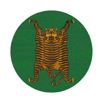 A vibrant green round area rug featuring a striking yellow Tibetan tiger design, perfect for adding a bold touch to living or dining rooms. This hand tufted wool rug brings an artistic flair as a unique dining table rug or as an area rug for living room spaces.