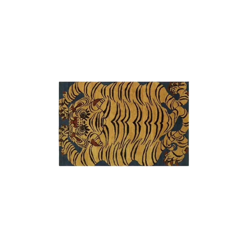 A striking Yellow Tibetan Tiger hand-tufted wool rug, perfect for adding a bold statement to any living room. This large area rug features an abstract tiger design, ideal for those seeking unique rugs for the living room.
