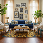 Living room with blue sofa, patterned tiger rug, and decorative elements.