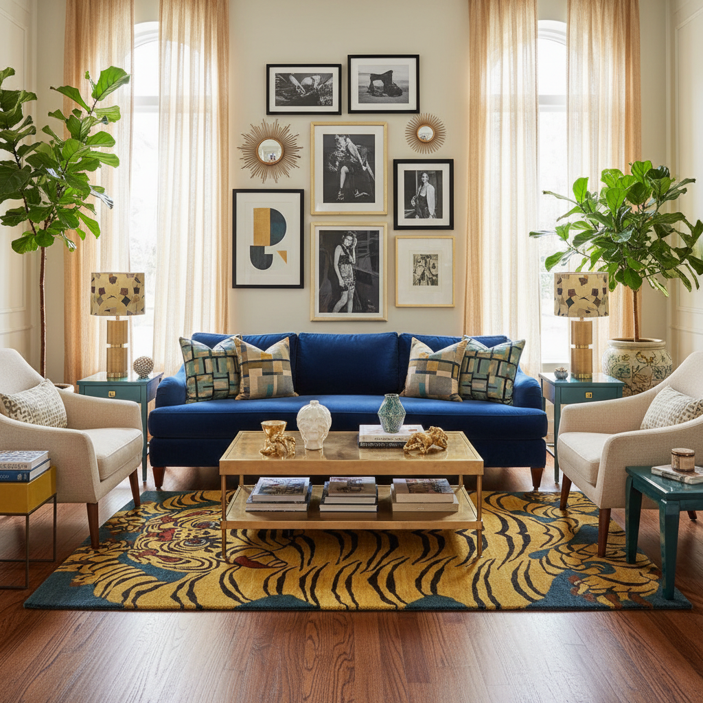 Living room with blue sofa, patterned tiger rug, and decorative elements.