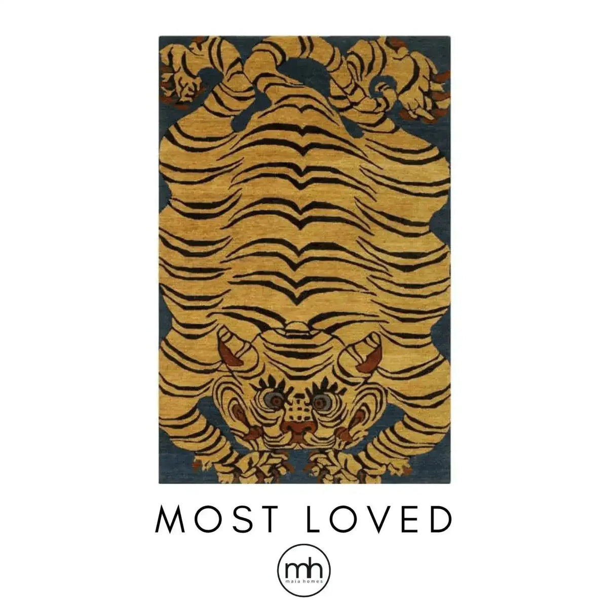 A stunning Yellow Tibetan Tiger hand-tufted wool area rug, ideal for large living rooms. The rug features an intricate tiger design against a contrasting background, perfect for adding a bold statement to any living room space.