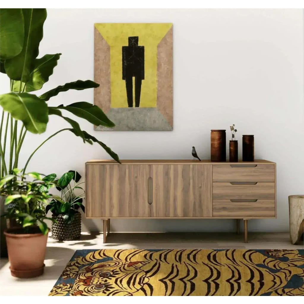 Stylish living room featuring a Yellow Tibetan Tiger Hand Tufted Wool Rug, adding a vibrant touch with its abstract tiger pattern. This area rug complements the minimalist decor, including a modern wooden sideboard and potted plants, perfect for large living room spaces.