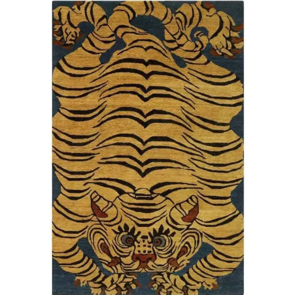 Top view of a Yellow Tibetan Tiger Hand Tufted Wool Rug, showcasing an intricate tiger design, perfect for adding a bold touch to large living room spaces. This area rug beautifully combines traditional motifs with modern elegance, making it an ideal choice for those seeking unique rugs for living room decor.