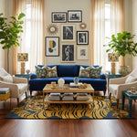 Living room with blue sofa, patterned tiger rug, and decorative elements.