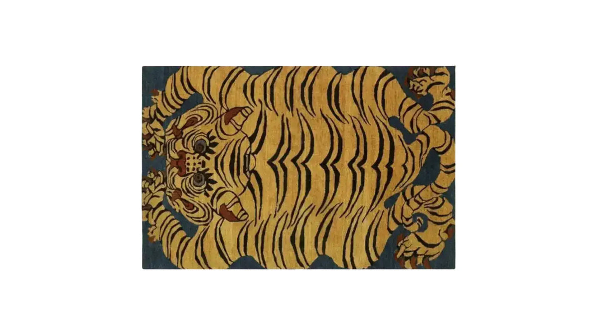A striking Yellow Tibetan Tiger hand-tufted wool rug, perfect for adding a bold statement to any living room. This large area rug features an abstract tiger design, ideal for those seeking unique rugs for the living room.