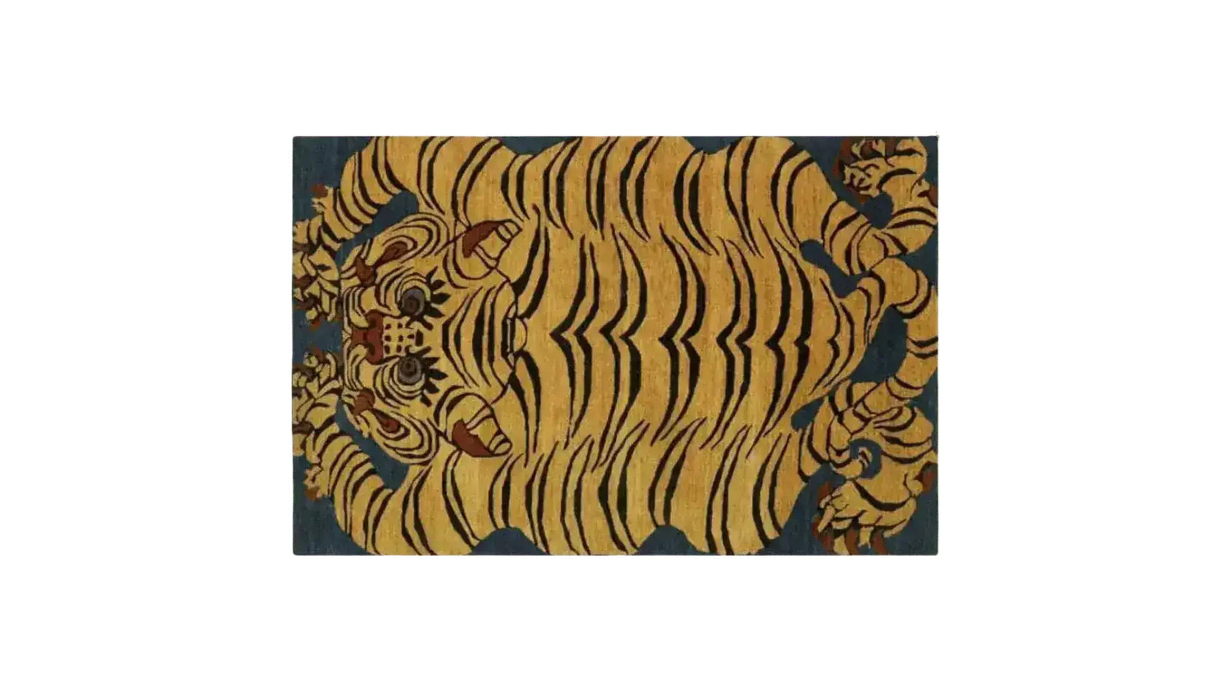 A striking Yellow Tibetan Tiger hand-tufted wool rug, perfect for adding a bold statement to any living room. This large area rug features an abstract tiger design, ideal for those seeking unique rugs for the living room.