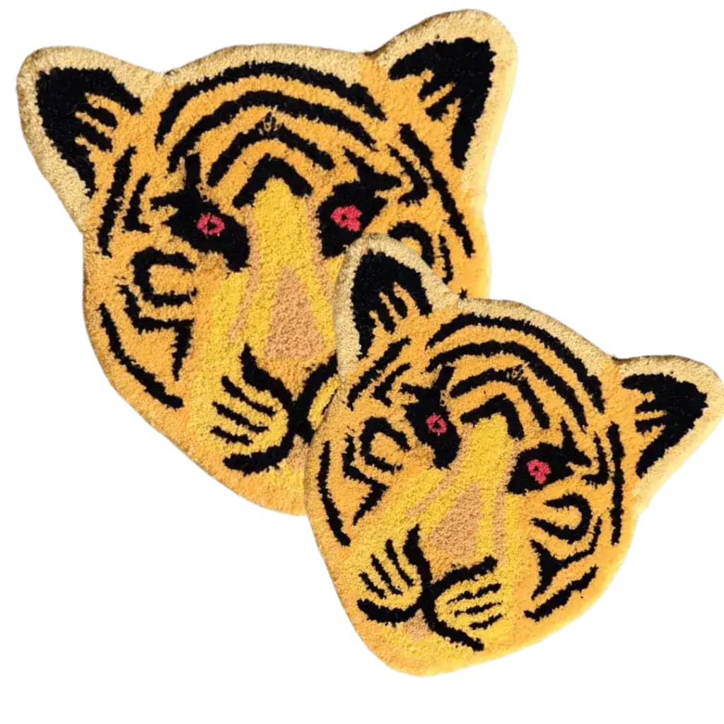 A vibrant hand-tufted wool area rug featuring an abstract yellow tiger face design, perfect for adding a bold statement to living room or dining room decor. This unique rug enhances any space with its striking pattern, ideal for those seeking distinctive area rugs for living room ambiance.