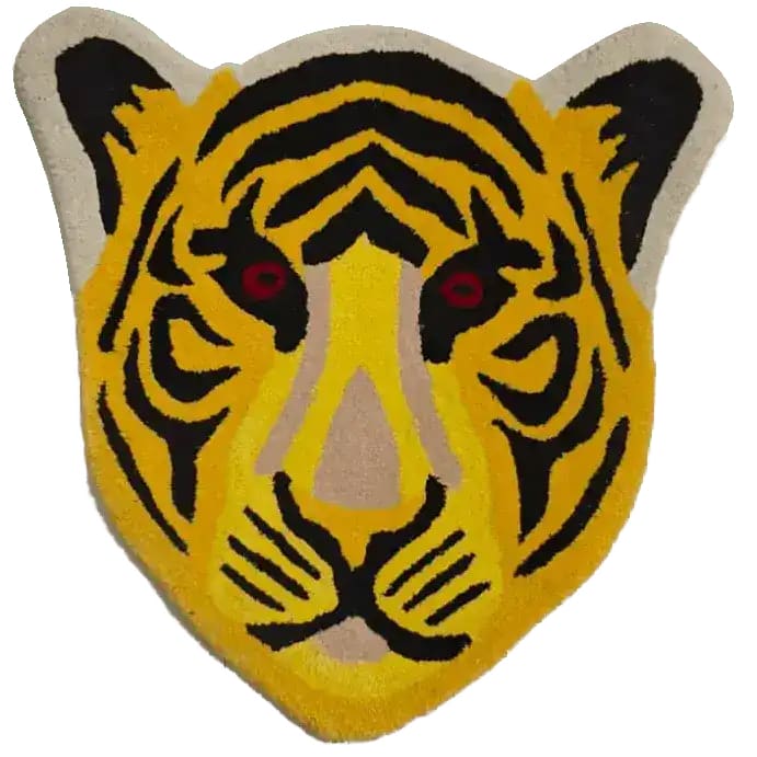 Vibrant Yellow Tiger Face Hand-Tufted Wool Area Rug, perfect for adding a bold statement to living room or dining room spaces. This unique wool rug features an abstract tiger design, ideal as a centerpiece for area rugs in living rooms.