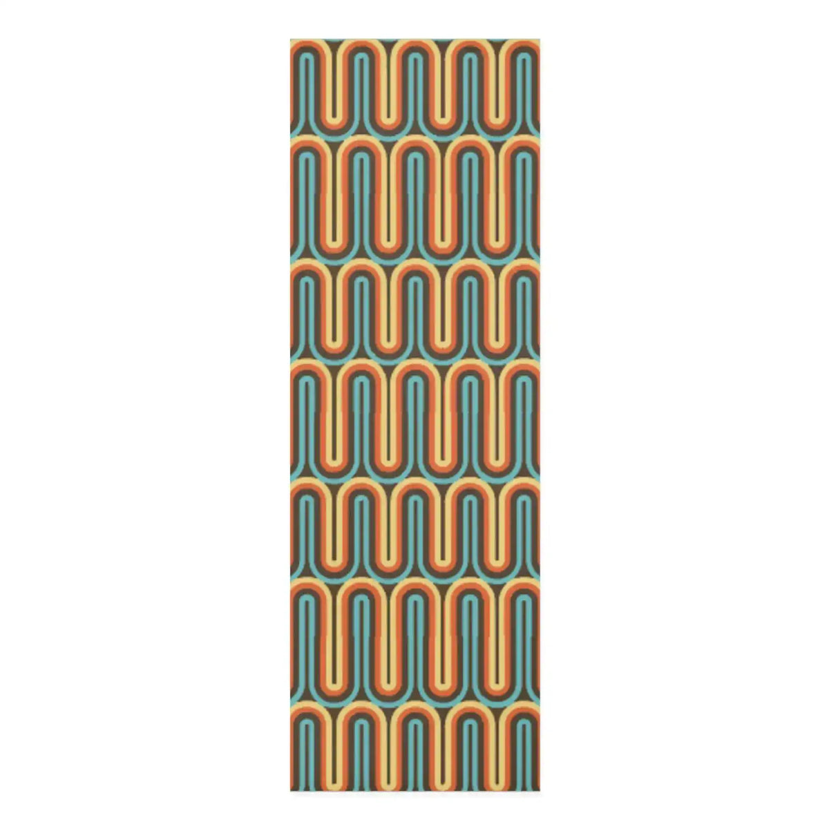 Yoga mat with retro vibrant waves in teal, orange and rust forming undulating columns