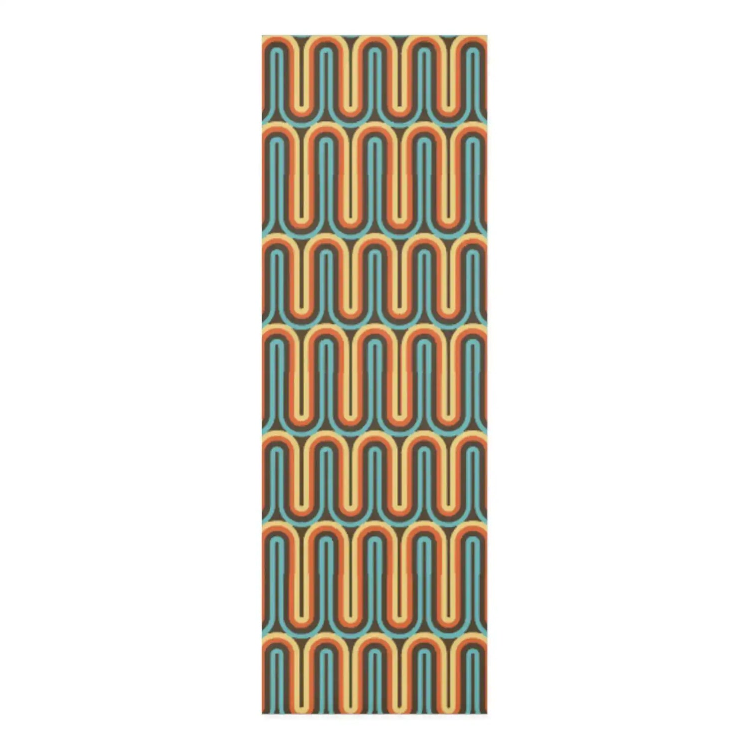 Yoga mat with retro vibrant waves in teal, orange and rust forming undulating columns