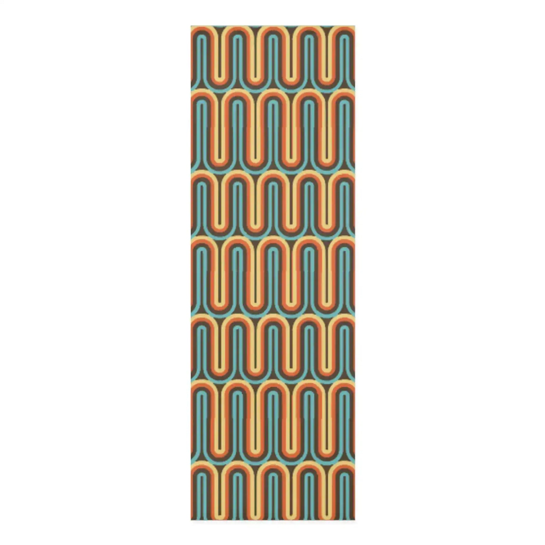 Yoga mat with retro vibrant waves in teal, orange and rust forming undulating columns