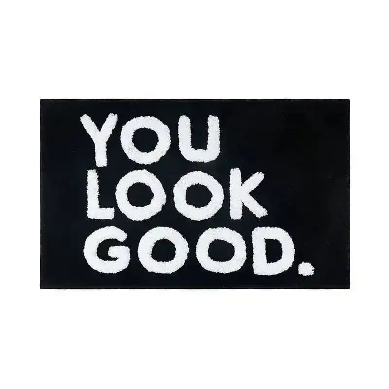 Stylish Area Rug featuring bold white text 'YOU LOOK GOOD' on a black background, perfect for modern living room decor and a great addition to rugs for living room collections.
