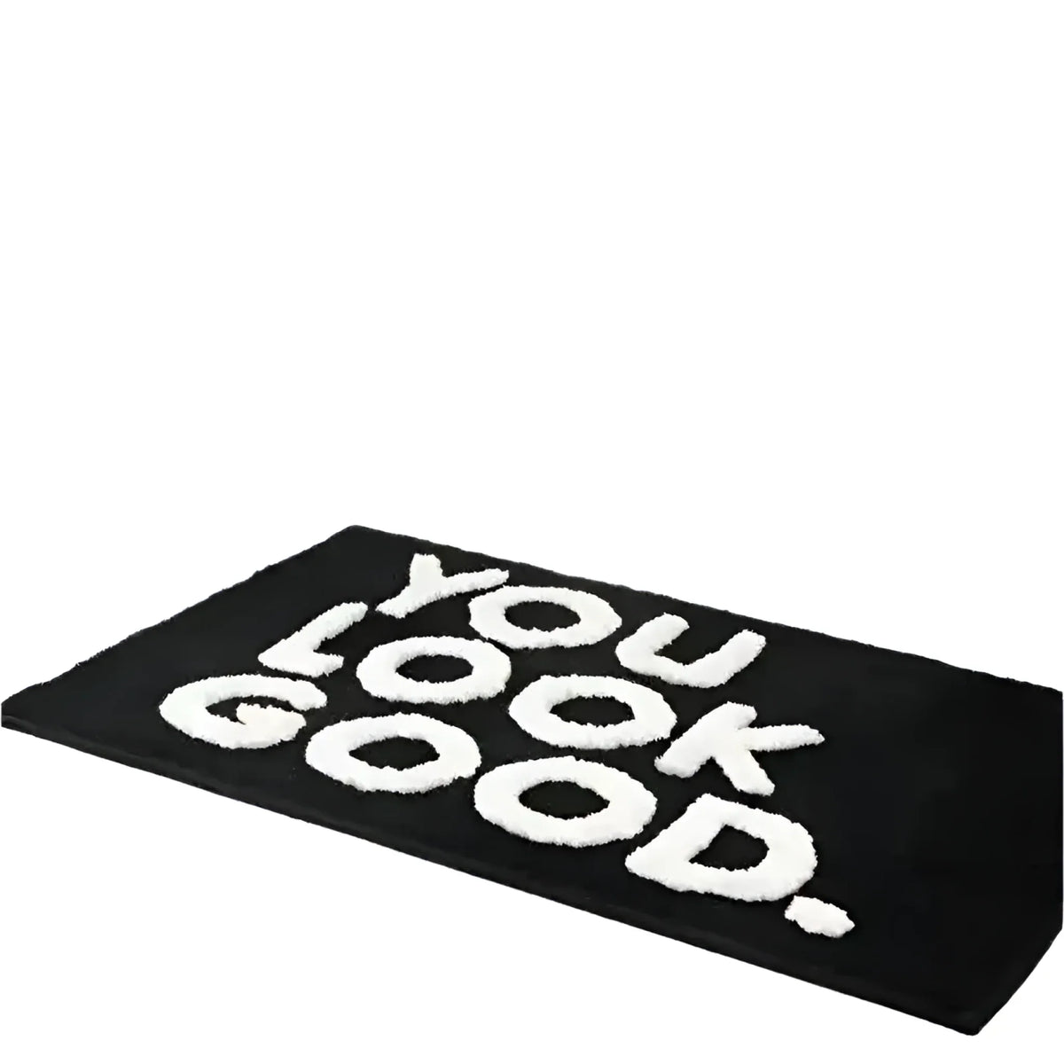Stylish black area rug featuring bold white text saying 'You Look Good', perfect for adding a modern touch to rugs for living room or as a standout living room area rug.