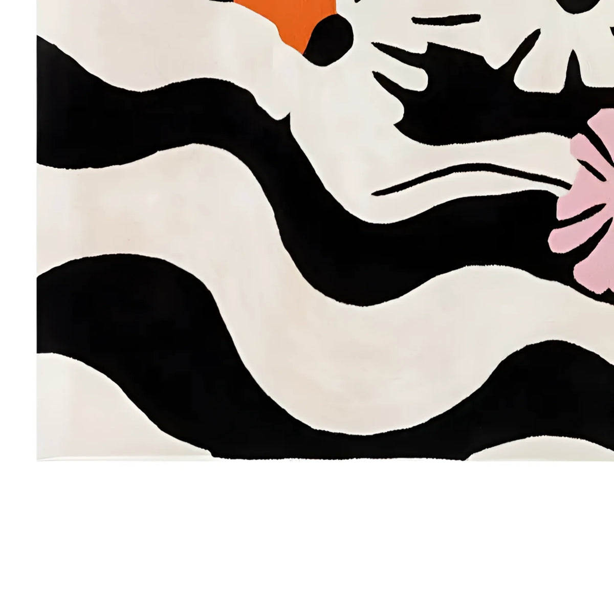 The Zebra Bloom Hand Tufted Wool Rug showcases a striking abstract design, featuring bold black and white stripes with hints of pink and orange floral accents. This contemporary area rug is perfect for adding a touch of modern elegance to your living room, crafted from high-quality wool for a luxurious feel.