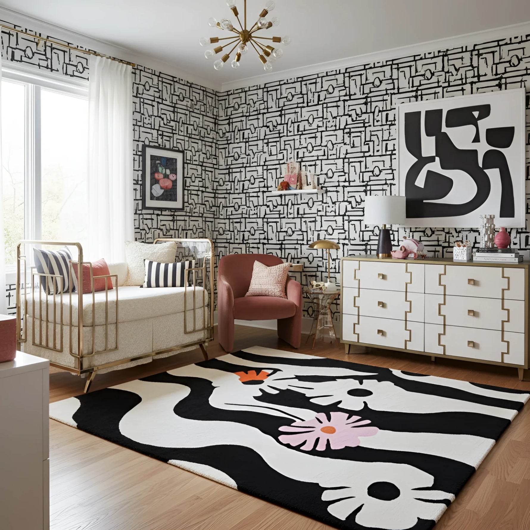 Modern nursery room with black and white geometric wallpaper, abstract art, and a patterned floral contemporary wool rug.