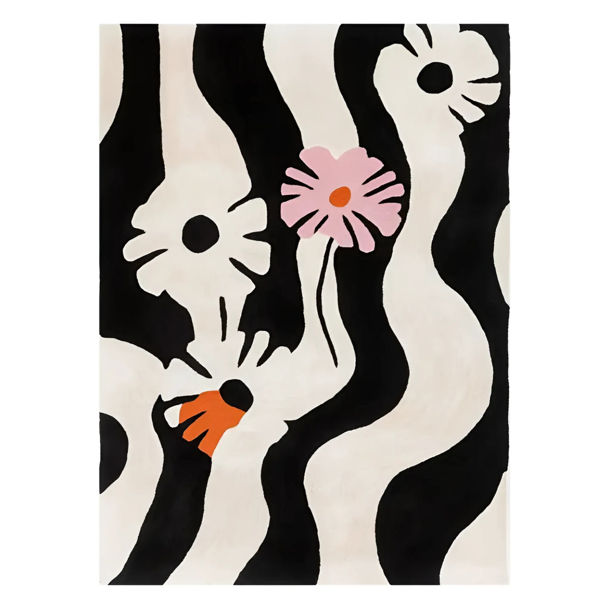 Contemporary area rug featuring a bold black and white zebra stripe pattern with abstract floral accents in pink and orange, ideal for adding a touch of modern style to your living room. This hand-tufted wool rug is perfect for those seeking unique living room area rugs.