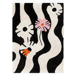 Contemporary area rug featuring a bold black and white zebra stripe pattern with abstract floral accents in pink and orange, ideal for adding a touch of modern style to your living room. This hand-tufted wool rug is perfect for those seeking unique living room area rugs.