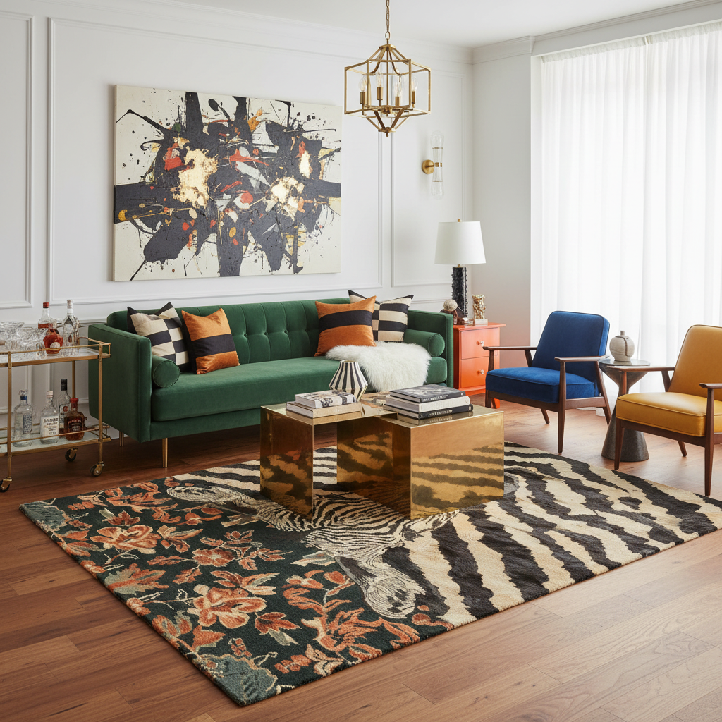 Modern living room with a green sofa, colorful rug, and abstract painting.