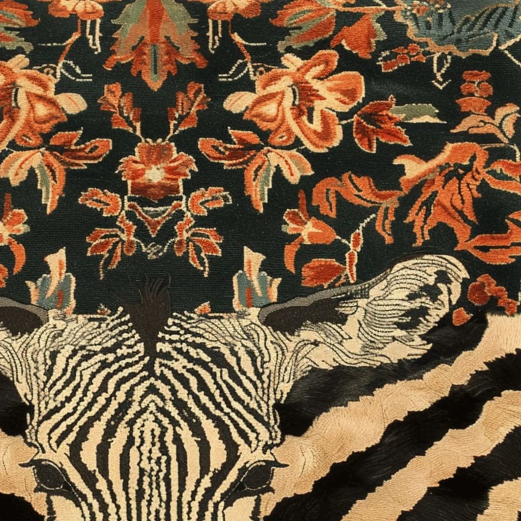 A vibrant Zebra Fusion Hand Tufted Rug with an intricate pattern featuring a zebra motif and colorful floral designs. This large area rug, ideal for a dining room, combines vintage charm with modern aesthetics. Made from high-quality wool, it serves as a stunning dining table rug, enhancing any space with its bold, artistic appeal.