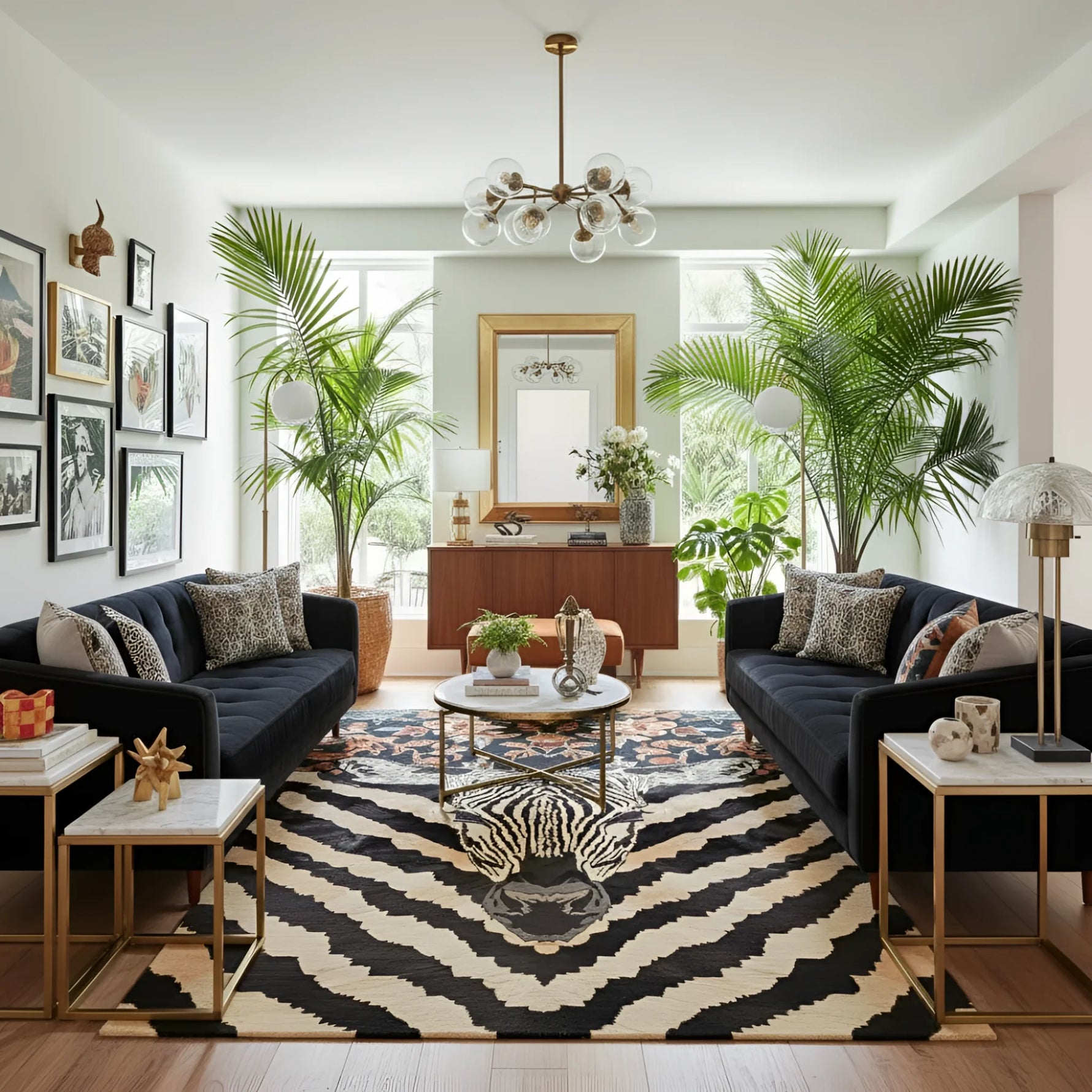 Modern living room with black sofas, decorative pillows, and a zebra print rug.
