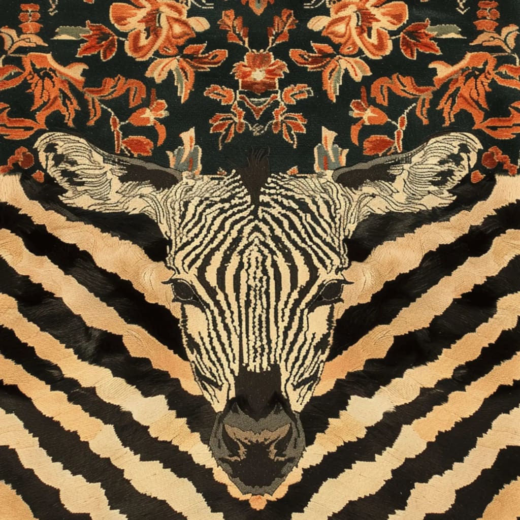 A stunning Zebra Fusion Hand Tufted Rug featuring a bold zebra design with intricate floral patterns. This wool area rug is perfect for adding a vintage touch to your dining room, making it an ideal large area rug under a dining table.