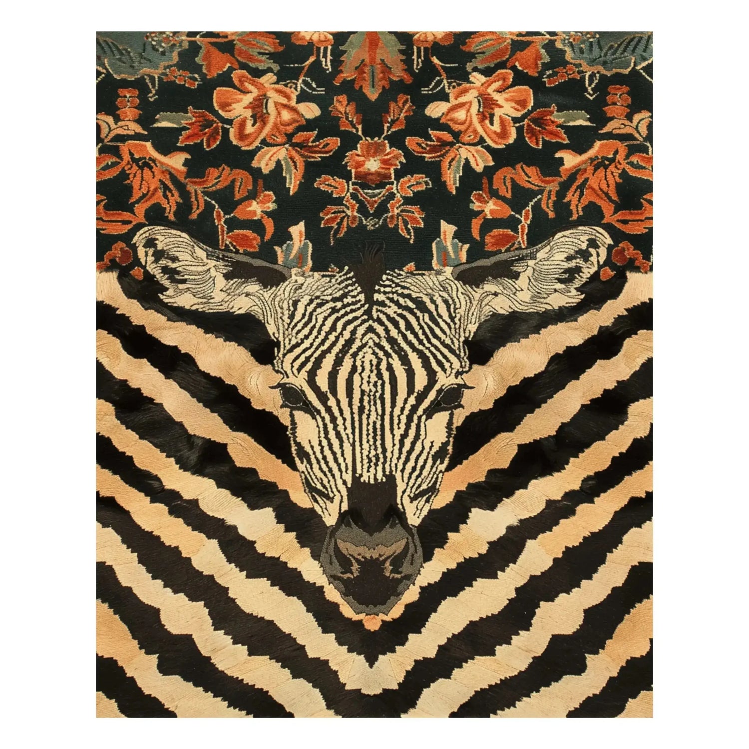 The Zebra Fusion Hand Tufted Rug showcases an intricate zebra pattern combined with floral designs, ideal as a large area rug for a dining room. This wool rug offers a vintage appeal, perfect as a dining table rug.