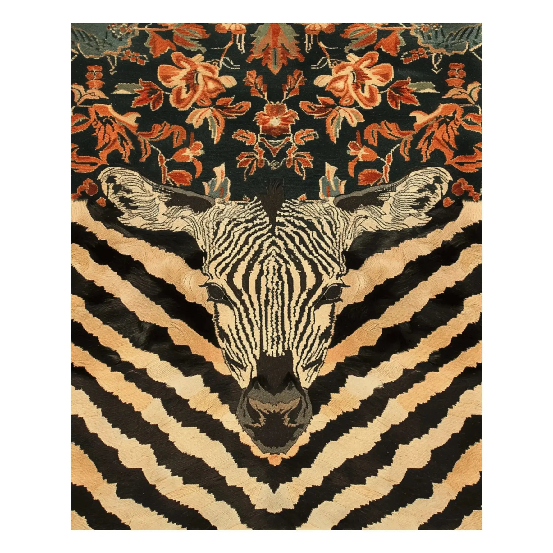 The Zebra Fusion Hand Tufted Rug showcases an intricate zebra pattern combined with floral designs, ideal as a large area rug for a dining room. This wool rug offers a vintage appeal, perfect as a dining table rug.